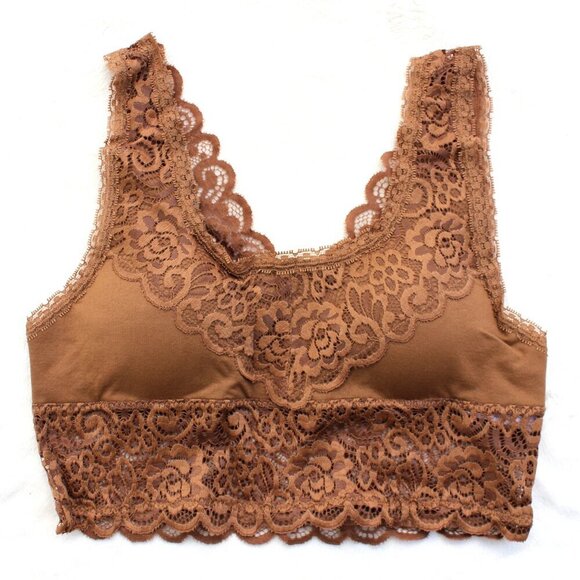 Zenana Camel Brown Seamless Stretch Lace  Bralette w/Removable Pads Bra Top S/M - Picture 7 of 16